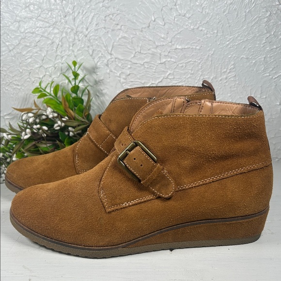 Shoes - Franco Sarto “Brooke” Suede Wedge Heeled Bootie Side Zip Buckle Accent Size 7